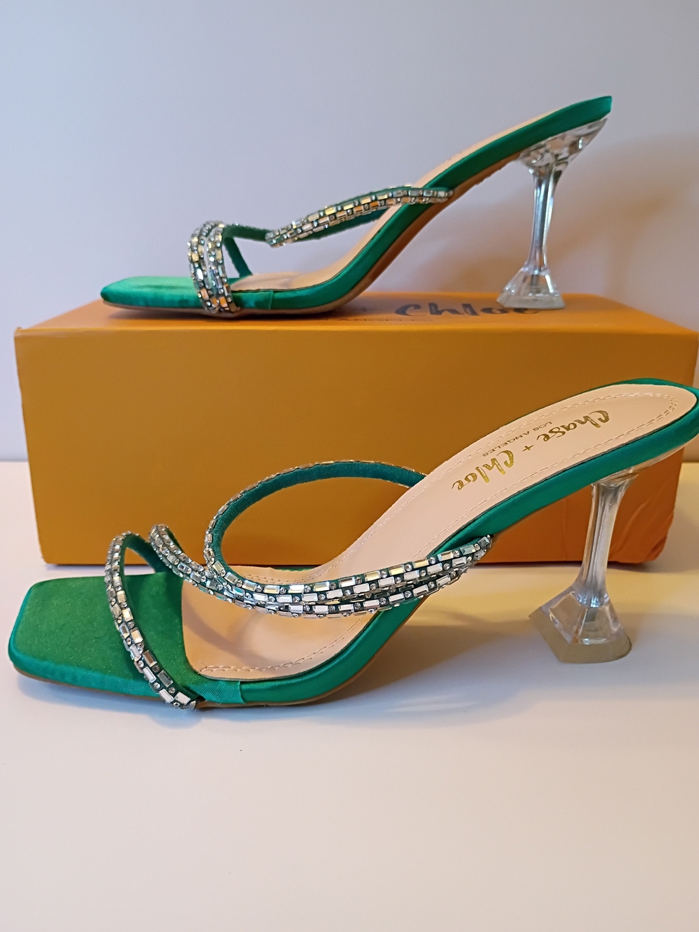 Chase + Chloe Green Jeweled Strap Clear Heel Mules